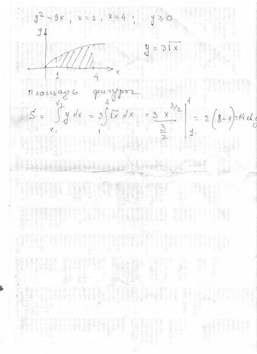 Вычислить площадь фигуры,ограниченной линиями у^2=9х,х=1,х=4 ,у=больше или равно 0