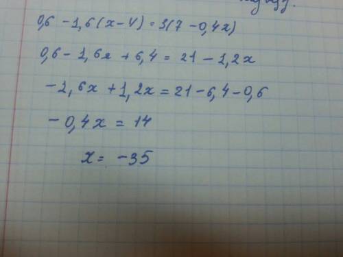 Найдите корень уравнения, 0,6 - 1,6 (x - 4) = 3(7 - 0,4 x)