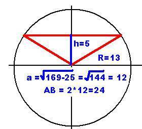 Найдите длину хорды окружности радиусом 13 см. если расстояние от центра окружности до хорды равно 5