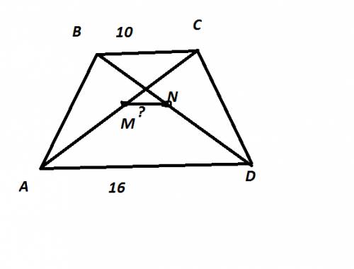 Вравнобедренной трапеции авсd точки м и n-середина диагоналей ас и вd соответственно. найдите длину
