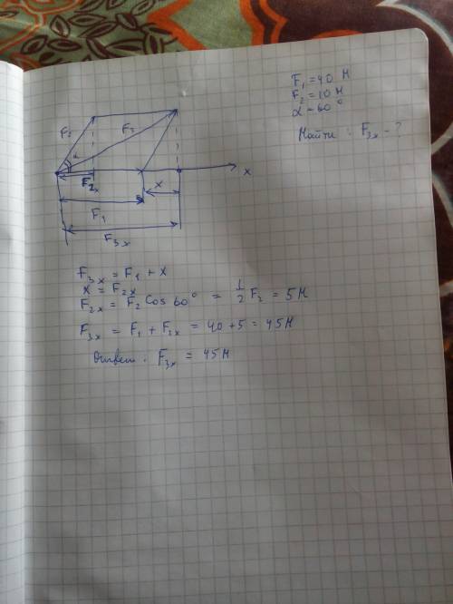 Сила величиной 40 н действует в направлении оси х, а сила величиной 10 н составляет с направлением о