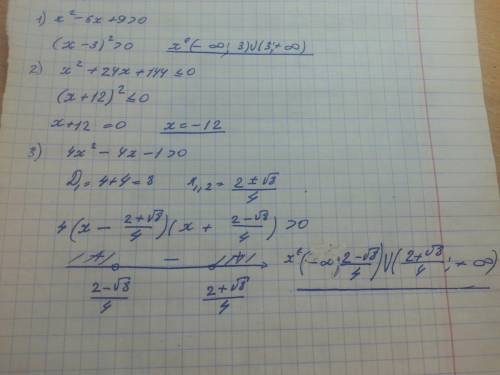 [25б] решите неравенство: x^2-6x+9> 0 x^2+24x+144< =0 4x^2-4x+1> 0