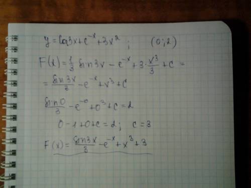 Найти первообразную y=cos3x+e^-x +3x^2 график которой проходит через точку (0; 2)