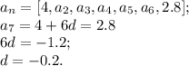 a_n=[4,a_2, a_3, a_4,a_5, a_6, 2.8]; \\ a_7=4+6d=2.8 \\6d=-1.2; \\ d=-0.2.