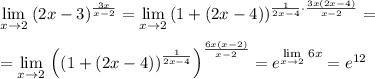 \lim\limits _{x\to 2}\; (2x-3)^{\frac{3x}{x-2}}=\lim\limits _{x\to 2}\, (1+(2x-4))^{\frac{1}{2x-4}\cdot \frac{3x(2x-4)}{x-2}}=\\\\=\lim\limits _{x\to 2}\, \left( \left (1+(2x-4)\right )^{\frac{1}{2x-4}}\right )^{\frac{6x(x-2)}{x-2}}=e^{\lim\limits _{x\to 2}\, 6x}=e^{12}