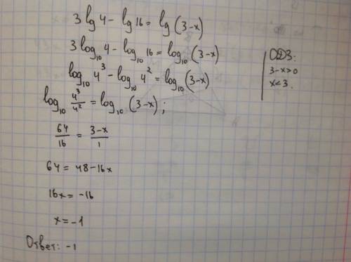 Решите уравнение 3·lg4-lg16=lg(3-x)