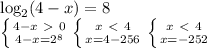 \log_{2} (4-x)=8 \\ \left \{ {{4-x\ \textgreater \ 0} \atop {4-x= 2^{8} }} \right. \left \{ {{x\ \textless \ 4} \atop {x=4-256}} \right. \left \{ {{x\ \textless \ 4} \atop {x=-252}} \right.