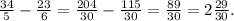 \frac{34}{5}-\frac{23}{6}=\frac{204}{30}-\frac{115}{30}=\frac{89}{30}=2\frac{29}{30}.