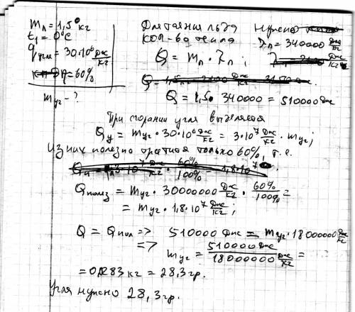 Сколько надо сжечь каменного угля в печи, чтобы превратить в пар 1,5 кг льда, взятого при температур