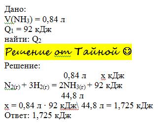 При образовании 840 мл (н.у) газообразного аммиака согласно уравнению n2(г)+3h2(г)=2nh3(г)+92 кдж до