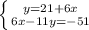 \left \{ {{y=21+6x} \atop {6x-11y=-51}} \right.