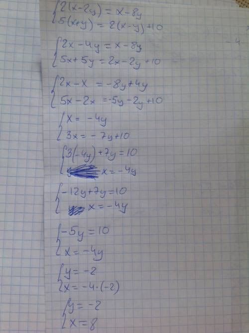 Система 2(x-2y)=x-8y систма 5(x+y)=2(x-y)+10