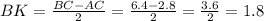 BK= \frac{BC-AC}{2} = \frac{6.4-2.8}{2}= \frac{3.6}{2} =1.8