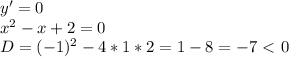 y'=0\\x^2-x+2=0\\D=(-1)^2-4*1*2=1-8=-7\ \textless \ 0\\