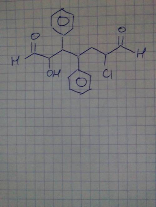 Нарисуйте структуру вещества по названию 2- гидрокси-3,4-дифенил-6-хлоргептандиаль.