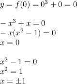 y=f(0)=0^3+0=0\\\\&#10;-x^3+x=0\\&#10;-x(x^2-1)=0\\&#10;x=0\\\\&#10;x^2-1=0\\&#10;x^2=1\\&#10;x=\pm1