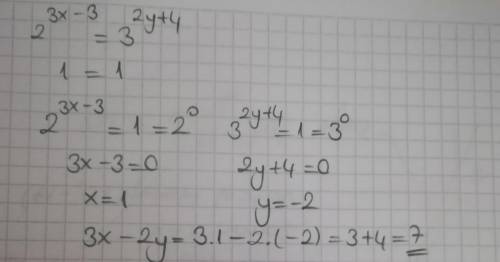  { 2}^{3x - 3} = {3}^{2y + 4} 