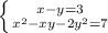 \left \{ {{x-y=3} \atop {x^2-xy-2y^2=7}} \right.