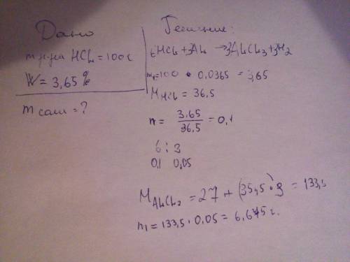 Раствор соляной кислоты m=100грамм w=3,65% реагирует с алюминием. определите массу образовавшейся со