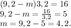 (9,2-m)3,2=16\\9,2-m=\frac{16}{3,2}=5\\m=9,2-5=4,2.