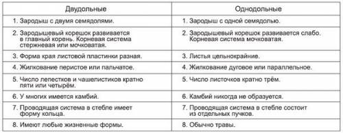 Назовите особенности класса однодольных и двудольных растений