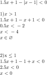 1.5x+1-|x-1|\ \textless \ 0\\\\1) x\ \textgreater \ 1\\1.5x+1-x+1\ \textless \ 0\\0.5x\ \textless \ -2\\x\ \textless \ -4\\x \in \varnothing\\\\&#10;&#10;2)x \leq 1\\1.5x+1-1+x\ \textless \ 0\\2.5x\ \textless \ 0\\x\ \textless \ 0