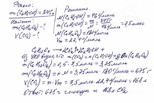 Вычислите массу глюкозы, которая подверглась брожению, и объем полученного углекислого газа (н. если