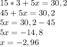 15*3+5x=30,2\\45+5x=30,2\\5x=30,2-45\\5x=-14,8\\x=-2,96