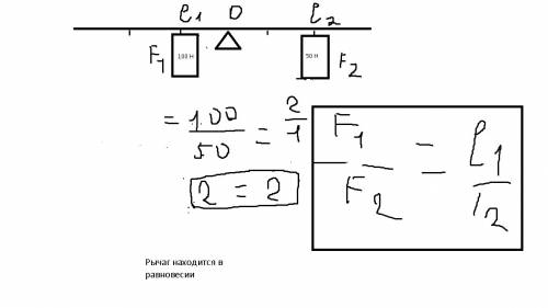 Кконцу рычага приложены силы 100 и 50н .сделайте рисунок и определите соотношение плеч рычага,чтобы