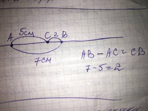 Нарисуй прямую линию.отметь на ней точки а, в и с так,чтобы отрезок ав был равен 7 см, отрезок ас- 5