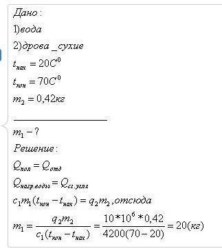 1. сколько воды можно нагреть от 20 °с до 70 °с, используя теплоту, выделившуюся при полном сгорании