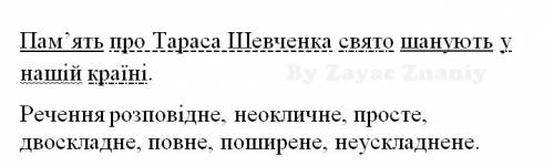 Виконайте повний синтаксичний аналіз речення. пам’ять про тараса шевченка свято шанують у нашій краї