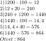 1)1200:100= 12\\2)12*20 = 240\\3)240 + 1200 = 1440\\4)1440:100=14,4\\5)14,4*40=576\\6)1440-576=864\\Otvet:864