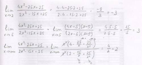 Найти пределы функции (4x^2-25x+25)/(2x^2-15x+25), если х стремится к 2; 5; и бесконечности