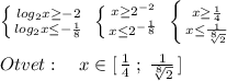 \left \{ {{log_2x \geq -2} \atop {log_2x \leq -\frac{1}{8}}} \right. \; \left \{ {{x \geq 2^{-2}} \atop {x \leq 2^{-\frac{1}{8}}}} \right. \; \left \{ {{x \geq \frac{1}{4}} \atop {x \leq \frac{1}{\sqrt[8]{2}}}} \right. \\\\Otvet:\quad x\in [\, \frac{1}{4}\; ;\; \frac{1}{\sqrt[8]{2}}\, ]