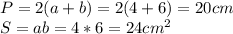 P=2(a+b)=2(4+6)=20 cm\\&#10;S=ab=4*6=24cm^2