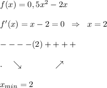 f(x)=0,5x^2-2x\\\\f'(x)=x-2=0\; \; \Rightarrow \; \; x=2\\\\----(2)++++\\\\.\quad \searrow \qquad \qquad \nearrow \\\\x_{min}=2