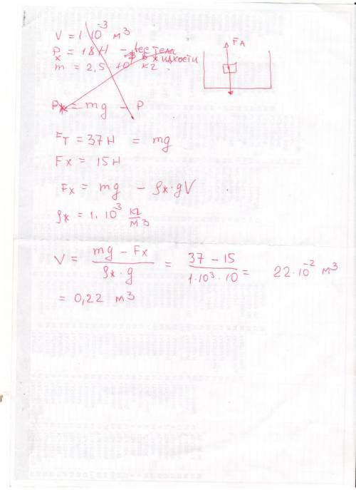 Вес тела в воздухе 37 н в воде 15 н. определите объём тела.