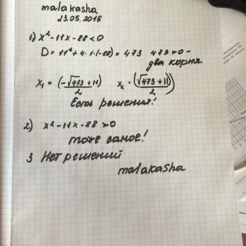 Укажите неравенство которое не имеет решений 1)х^2- 11 х+88 больше 0 2)х^2-11х-88 меньше 0 3)х^2-11х