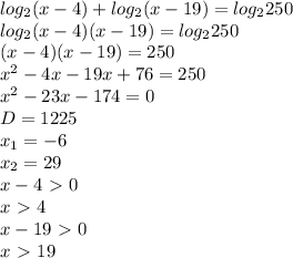 log_2(x-4)+log_2(x-19)=log_2250 \\ log_2(x-4)(x-19)=log_2250 \\ (x-4)(x-19)=250 \\ x^2-4x-19x+76=250 \\ x^2-23x-174=0 \\ D=1225 \\ x_1=-6 \\ x_2=29 \\ x-4\ \textgreater \ 0 \\ x\ \textgreater \ 4 \\ x-19\ \textgreater \ 0 \\ x\ \textgreater \ 19