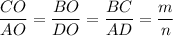 \dfrac{CO}{AO}=\dfrac{BO}{DO}=\dfrac {BC}{AD}=\dfrac mn