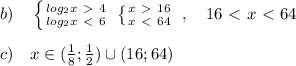 b)\quad \left \{ {{log_2x\ \textgreater \ 4} \atop {log_2x\ \textless \ 6}} \right. \; \left \{ {{x\ \textgreater \ 16} \atop {x\ \textless \ 64}} \right. \; ,\quad 16\ \textless \ x\ \textless \ 64\\\\c)\quad x\in (\frac{1}{8};\frac{1}{2})\cup (16;64)