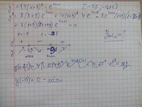 Найдите наименьшее значение функции у = (4(х + 9)^2)*е^(4х+1) на отрезке [—9,5; —0,25]