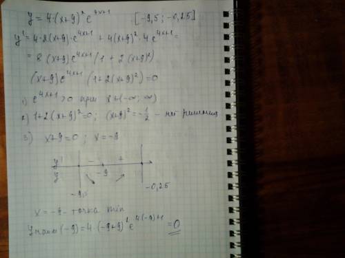 Найдите наименьшее значение функции у = (4(х + 9)^2)*е^(4х+1) на отрезке [—9,5; —0,25]