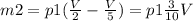 m2 = p1 ( \frac{V}{2} - \frac{V}{5} ) = p1 \frac{3}{10} V