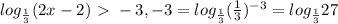 log_{ \frac{1}{3} } (2x-2)\ \textgreater \ -3, -3= log_{ \frac{1}{3} } ( \frac{1}{3} ) ^{-3} = log_{ \frac{1}{3} } 27