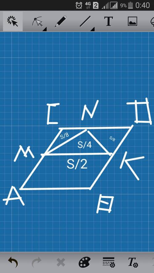 Параллелограмм abcd площадь которого равна s точки m и k- середины его сторон ab и cd n- некоторая т