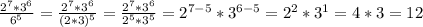 \frac{2^7*3^6}{6^5}= \frac{2^7*3^6}{(2*3)^5}= \frac{2^7*3^6}{2^5*3^5}= 2^{7-5}*3^{6-5}=2^2*3^1=4*3=12