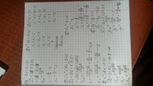 Решить уравнения: x² - 4x + 3 = 0 x² - 5x + 4 = 0 x² + 6 = 5x 5x² + 14x - 3 = 0 7x² - 4 = 0 5y² - 4y