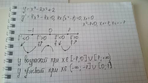 Найти промежутки возрастания и убывания функции у=х^4-2х^2+2(тема производные)